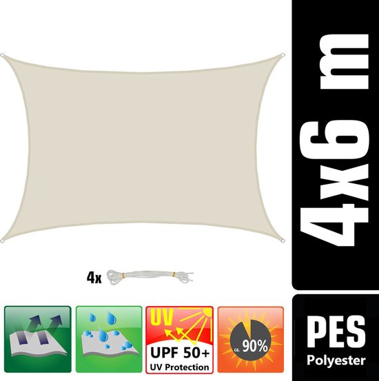 Rechthoekig beige schaduwdoek van 4x6m, met touwen en indicaties voor UV-bescherming.