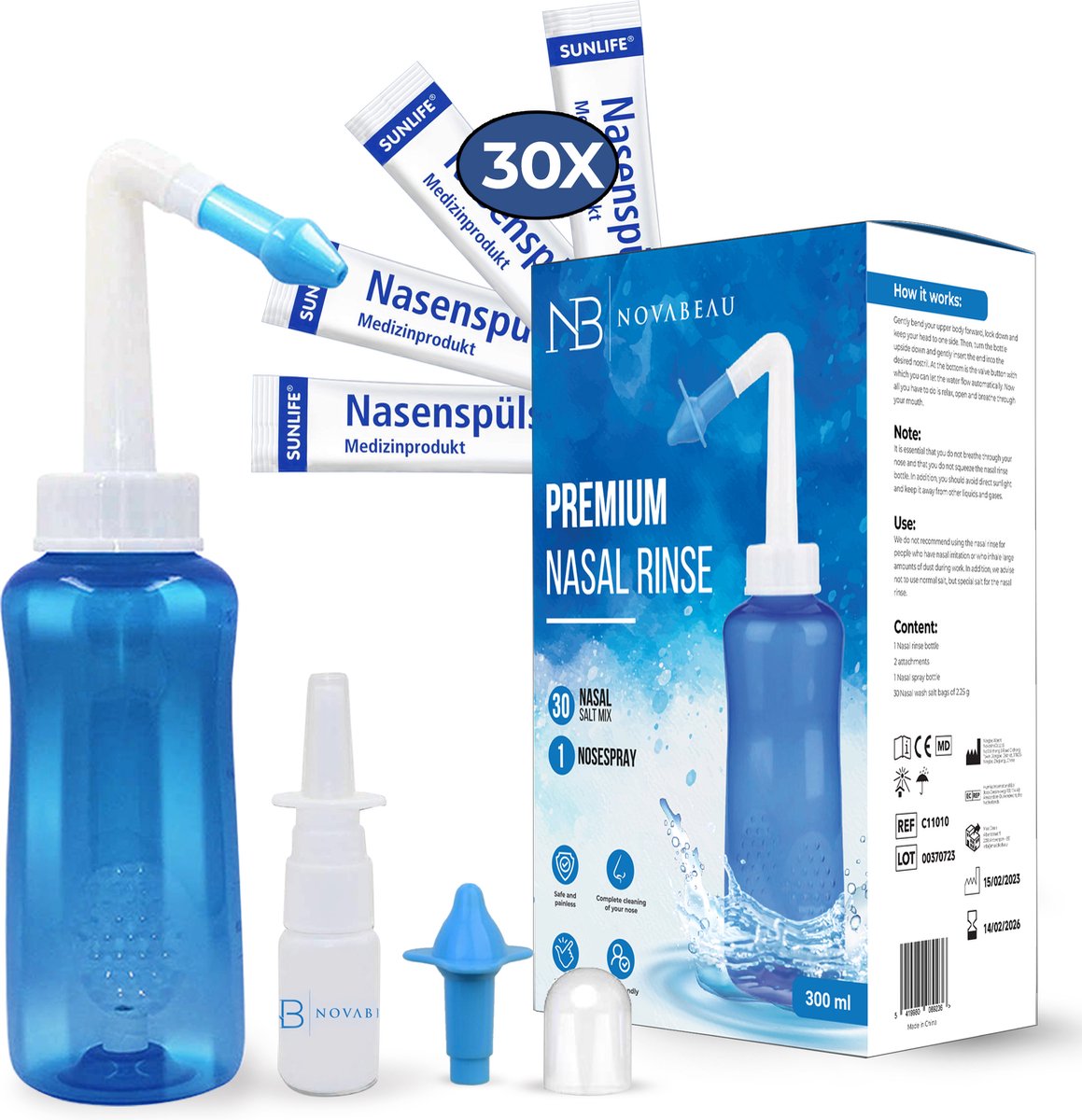 Ensemble de douche nasale de 300 ml avec buse à 3 trous et buse d'un trou  pour adultes et enfants pour le nettoyage et le rinçage nasal, le rhume,  les allergies, les