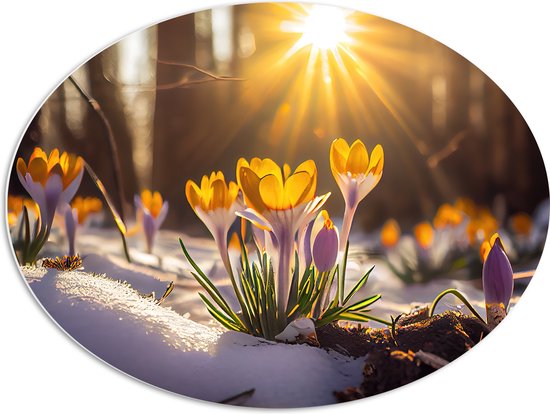 PVC Schuimplaat Ovaal - Zonnestralen op Gele Bloeiende Krokusbloemen in Bos - 80x60 cm Foto op Ovaal (Met Ophangsysteem)