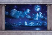 Fotobehang Blue Night Sky Window View | XXL - 312cm x 219cm | 130g/m2 Vlies