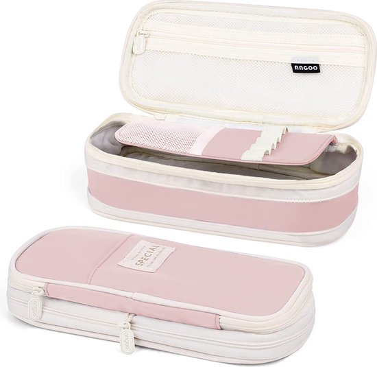 Roze etui met ritssluiting en wit accent, dicht en open met mesh vakken.