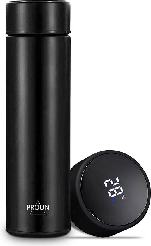 Proun Slimme Thermosfles met LED Display – Thermosbeker – Thermoskan – Drinkfles – 500 ML – Zwart