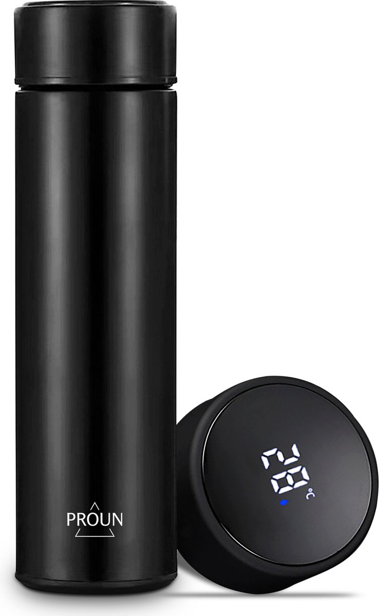 Proun - Thermosfles - 500 ML - Zwart - met LED Display - Thermosbeker - Isoleerfles voor Koffie - Valentijnscadeau voor hem of haar