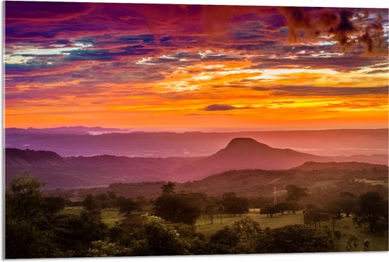 Acrylglas - Zonsondergang over Landschap in Costa Rica - 90x60 cm Foto op Acrylglas (Wanddecoratie op Acrylaat)