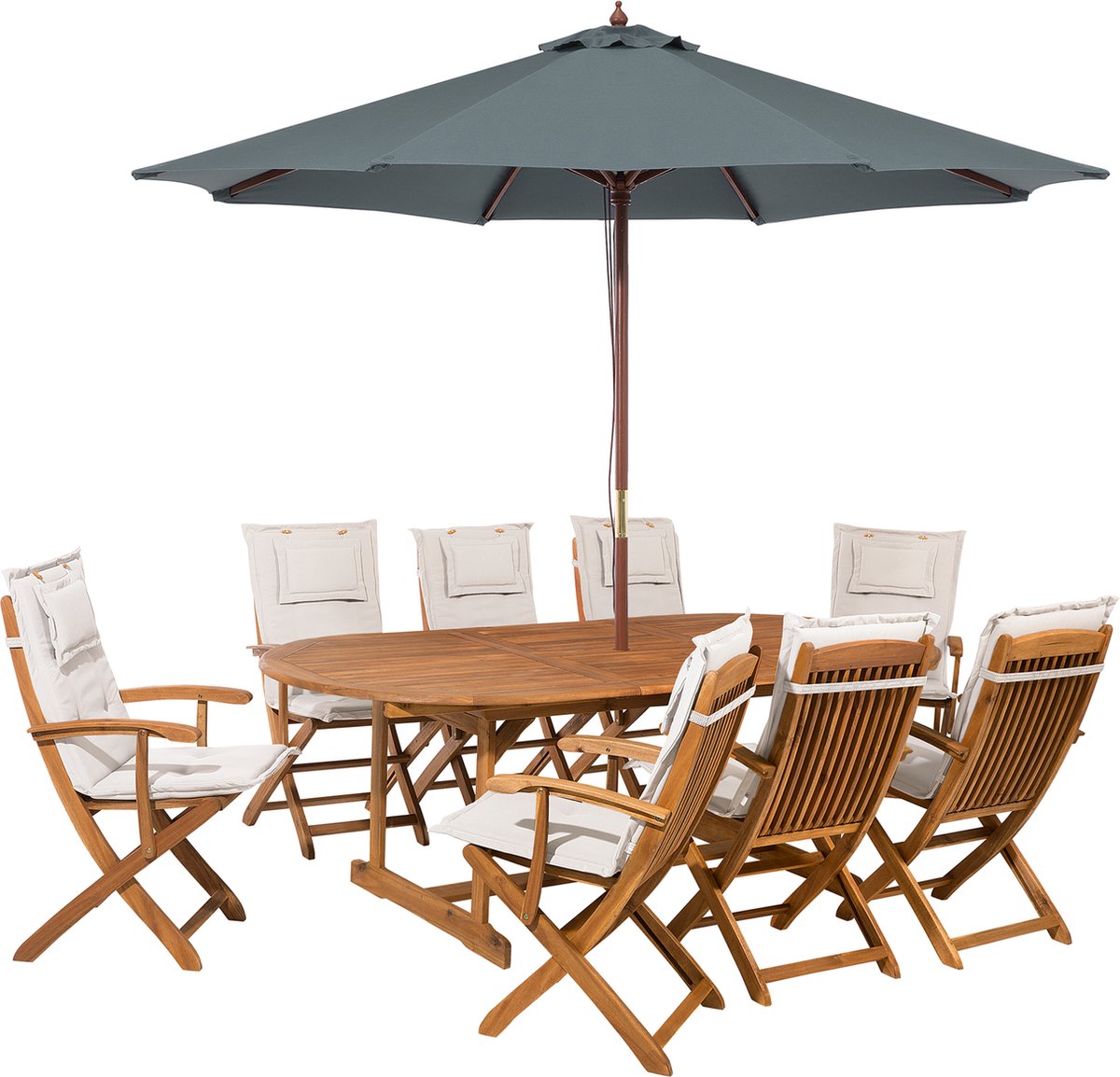 Tuinset voor 8 personen met gebroken witte parasol van acaciahout.