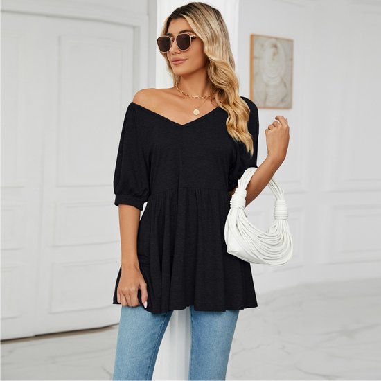 Chemisier Femme - Chemise Femme - Haut Femme - Col V- Zwart - Taille : S