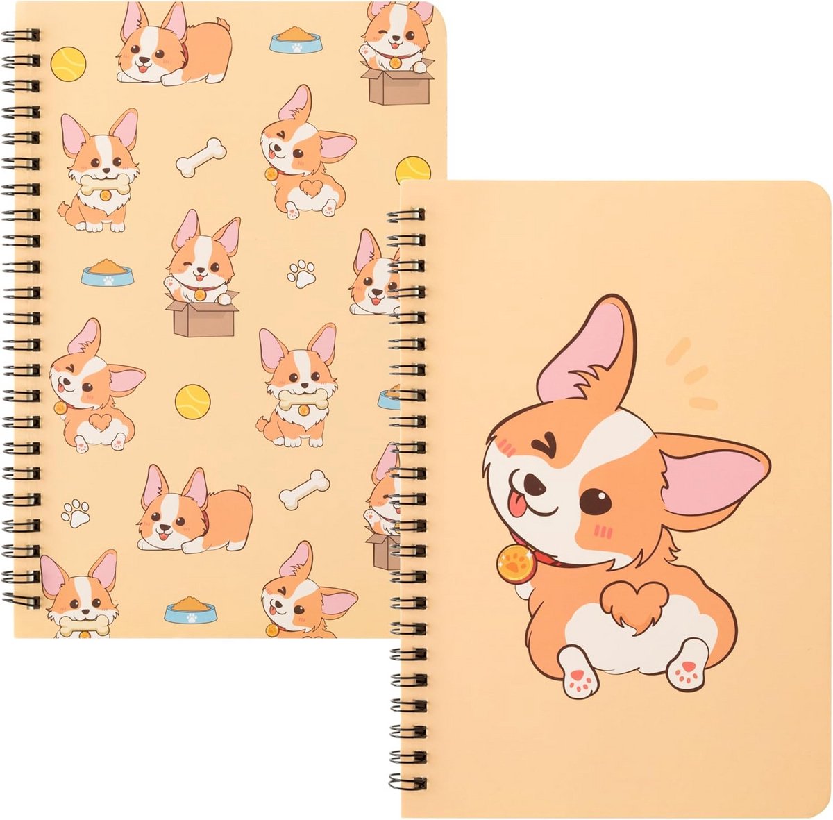 Set van 2 A5 Spiraal Notitieboeken met Corgi Thema - Hardcover Gele Collegeblokken voor Kinderen en Tieners