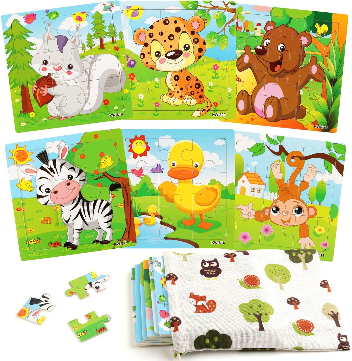 Houten puzzel - 6 stuks houten legpuzzels met dieren voor kinderen van 2-5 jaar, peuter, kinderen - educatieve puzzelspeelgoedset voor kinderen, jongens en meisjes
