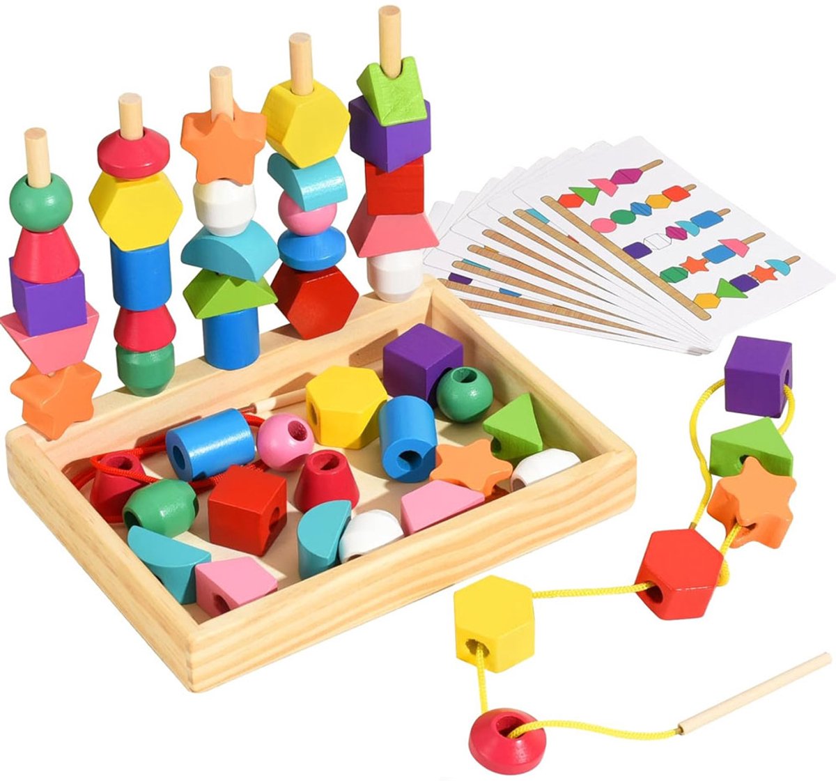 Stapelspellen - Kleurrijk Montessori Speelgoed Vanaf, 2-in-1 Houten Speelgoed Rijgspel, Stapelspel, Sorteerspel, Motoriek Speelgoed met Kaarten, Fijne Motoriek, Cadeau voor Kinderen