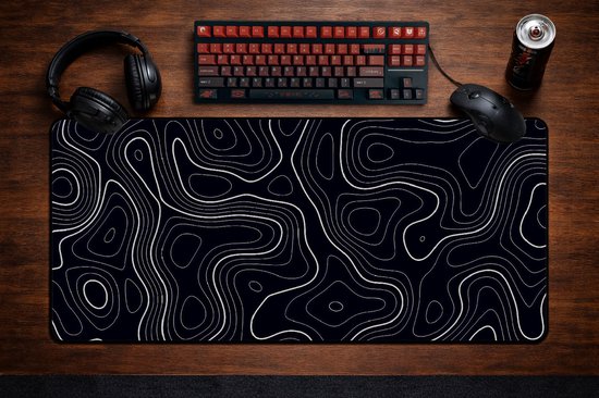 Muismat xxl - Black Topography - Gaming - 900 x 400 x 3 mm - Antislip