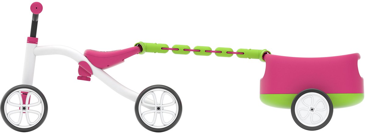 Chillafish Quadie+Trailie vierwieler met aanhanger voor kinderen van 1-3 jaar, verstelbare zithoogte, opbergruimte in het zitje, wielen zijn geluidloos en maken geen krassen, met leuke stickers, Roze
