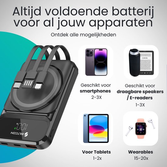 Zwarte powerbank met MagSafe, geschikt voor smartphones, speakers, e-readers, tablets en wearables.