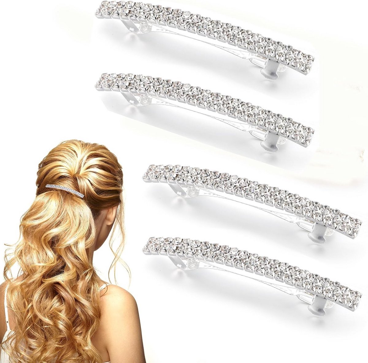 Glitter Haarspelden met Diamant Effect, 4-delige Set, Zilveren Strass Clips voor Dames