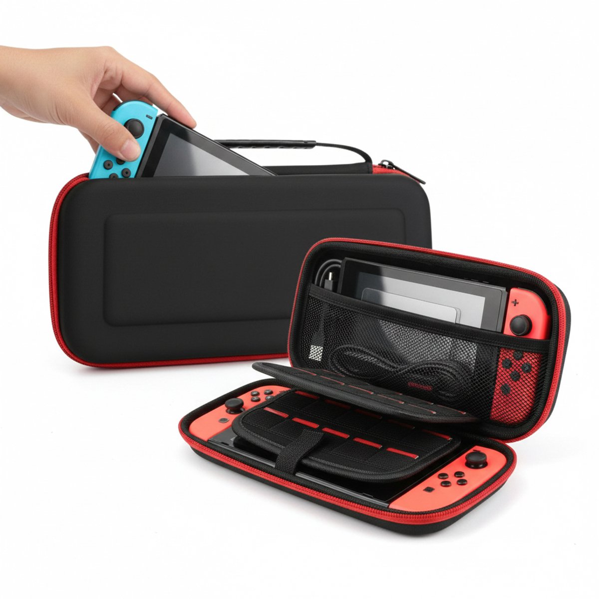 Enluxe Beschermhoes voor Draagbare Gameconsole – Verstevigde Hardcase met Opbergvakken & Handvat – Zwart/Rood