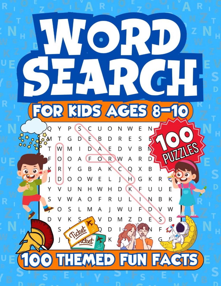 Woordzoeker Puzzelboek voor Kinderen 8-10 jaar: 100 Educatieve Puzzels met Feiten en Kleurplaten