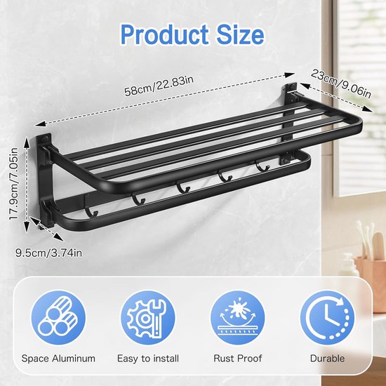 Handdoekenhouder met Towel Bar, Handdoekenrek met 5 Haken