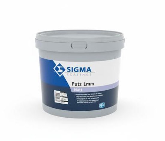 Grijze emmer met Sigma Coatings logo, met tekst 'Putz 1mm Matt'.