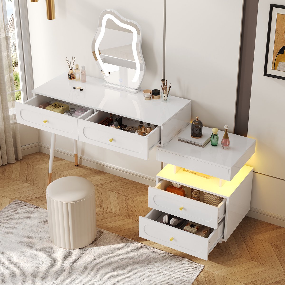 Wishdor Schminktafel - Met LED-verlichting - Met opberglades - B140/D40/H130 cm wit