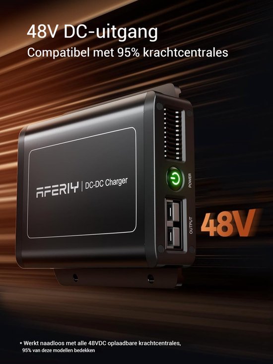 Zwarte AFERIY DC-DC Charger met "48V" aanduiding en groene aan/uit-knop.
