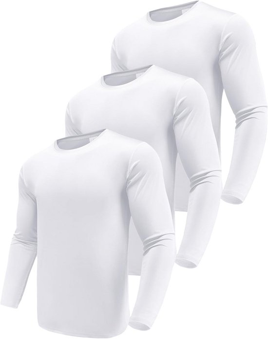 Set van drie identieke witte sportshirts met lange mouwen en ronde hals.