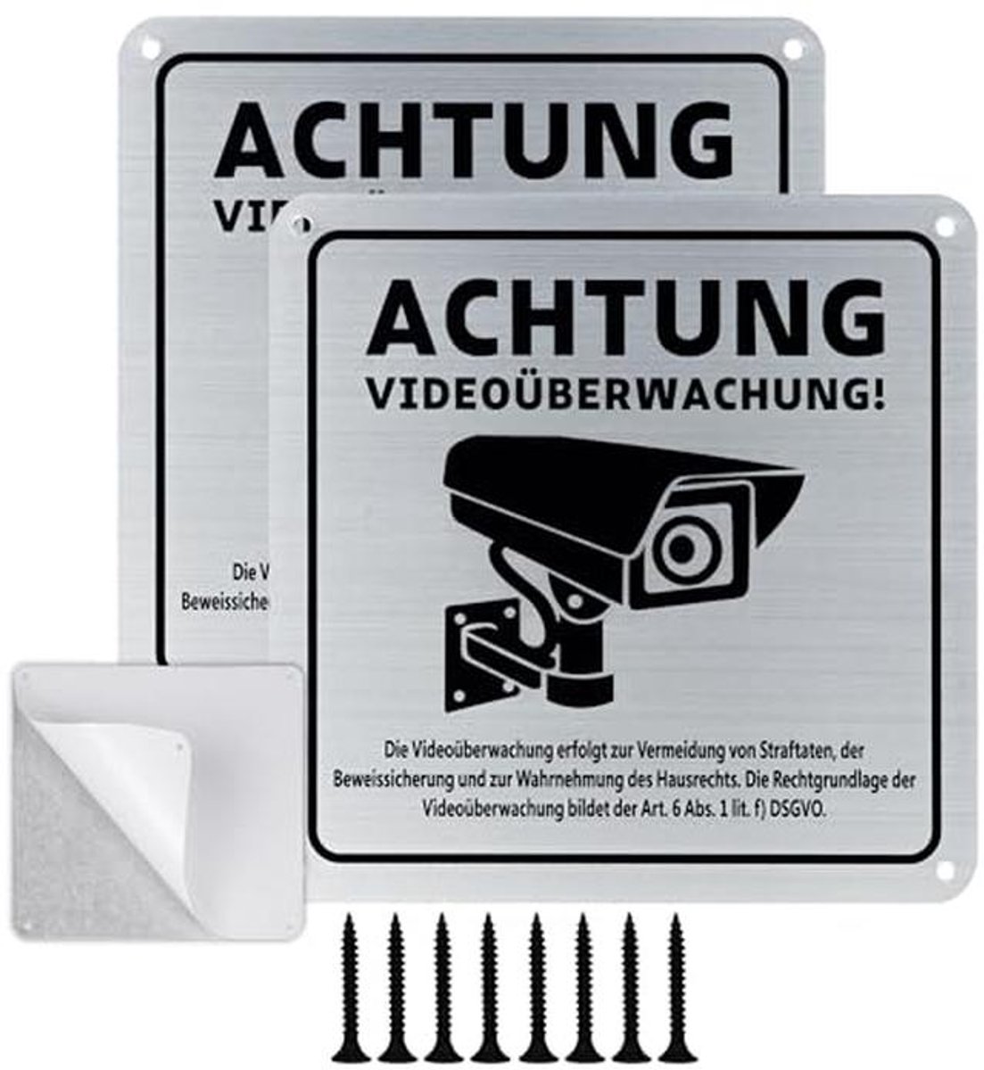Waarschuwingsbord Videobewaking met DSGVO Waarschuwing - 15x15 cm, 2 Stuks, Aluminium