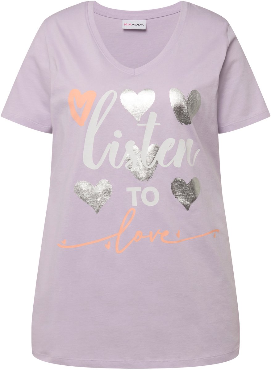 MIAMODA - Dames - T-shirt straight fit hart-print halve mouwen - Pastel-lila - Maat 46