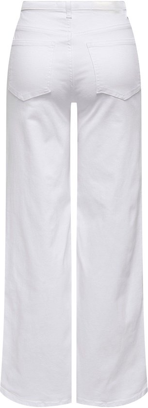 Achterkant van een witte high waist wide-leg jeans, gedragen door een model.
