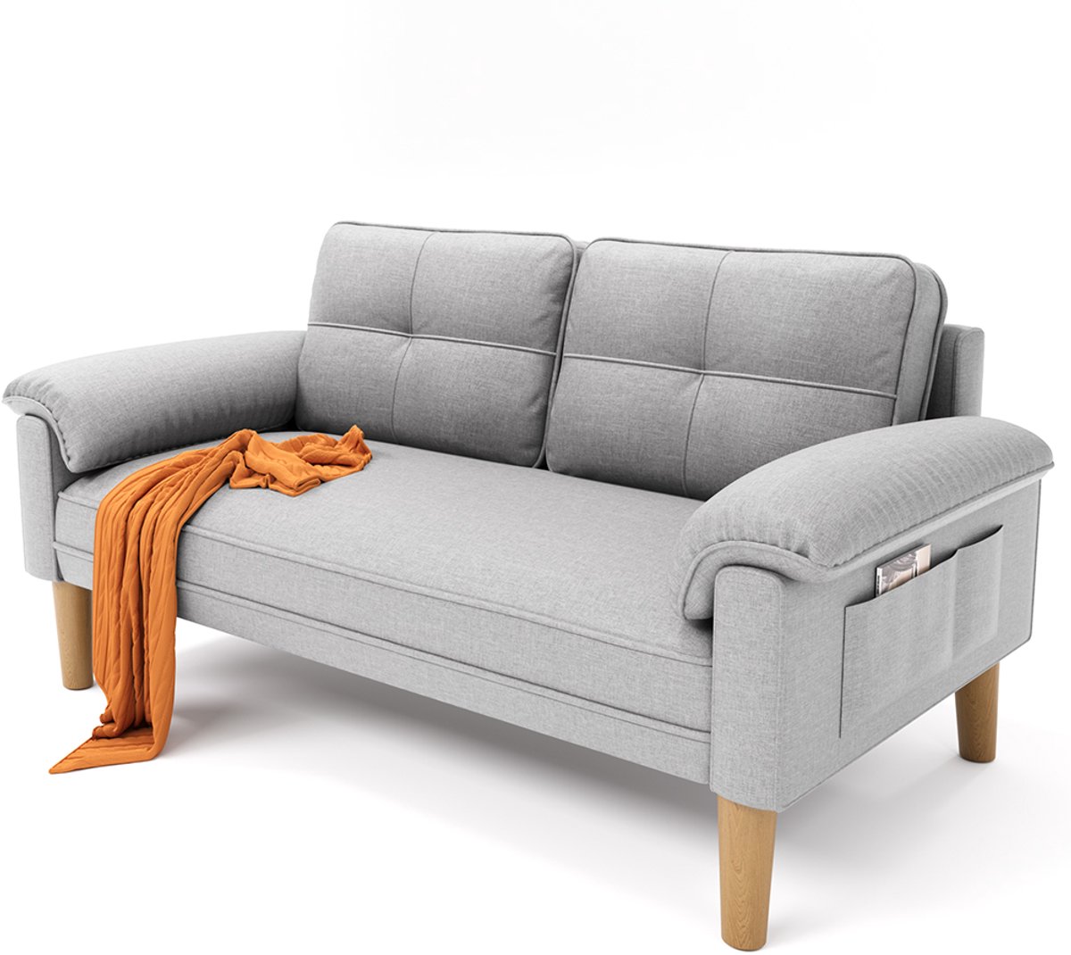 Xbro Zitbank met Armleuningen en Zijvakjes - Zitbank 2 zits - Kleine Stoffen Bank - Voor Woonkamer, Appartement, Kantoor - 145 x 77 x 77 cm - Grijs