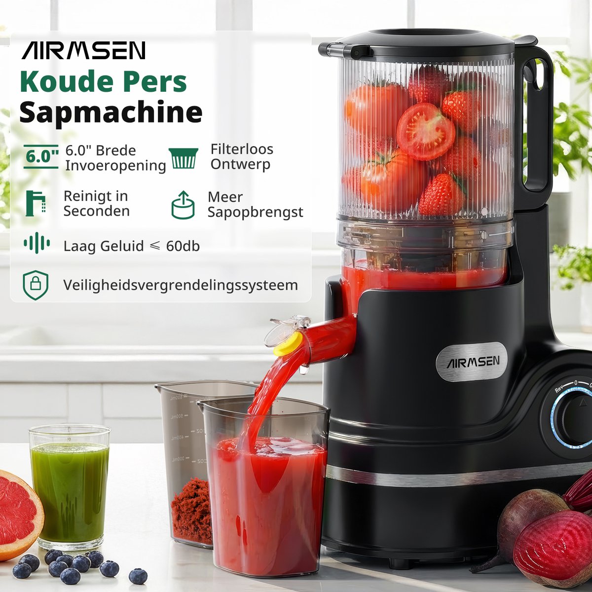 AIRMSEN Slowjuicer: Brede vulschacht, geen zeef, makkelijk schoon thumbnail 3