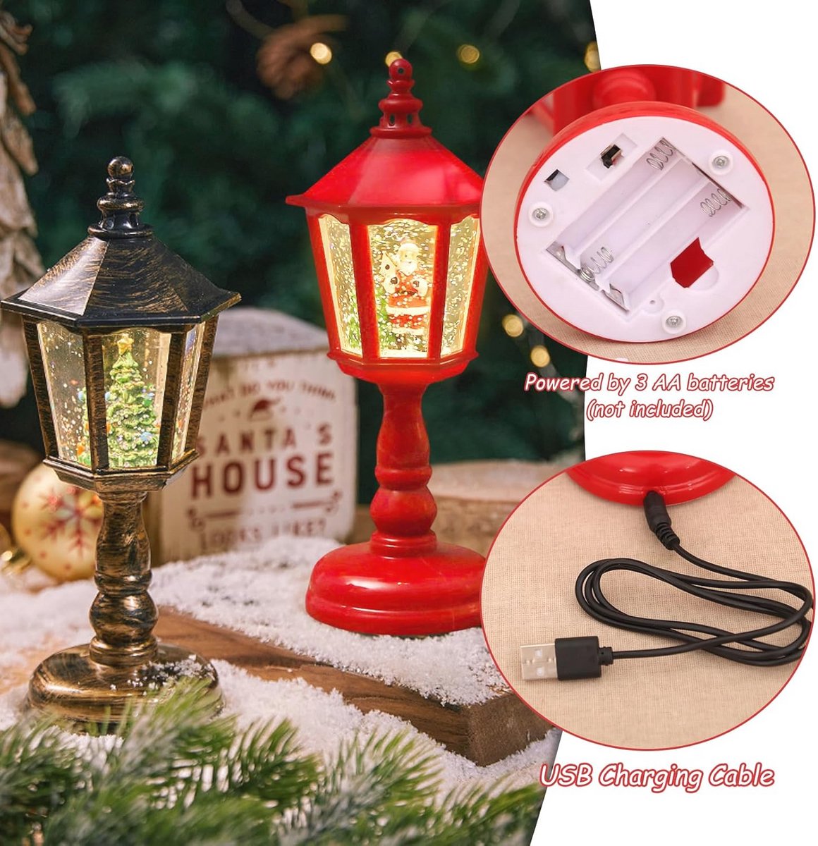 Vintage kerstlantaarn met sneeuwbol en muziek - Decoratieve kerstverlichting voor thuis – foto 5