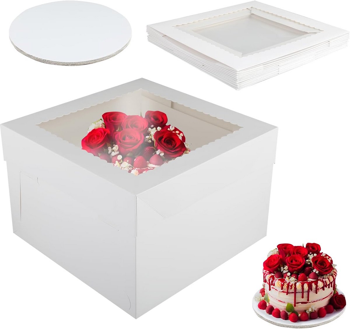 Set van 5 Luxe Taartdozen met Venster - 30x30x20 cm Inclusief 5 Stevige Taartborden