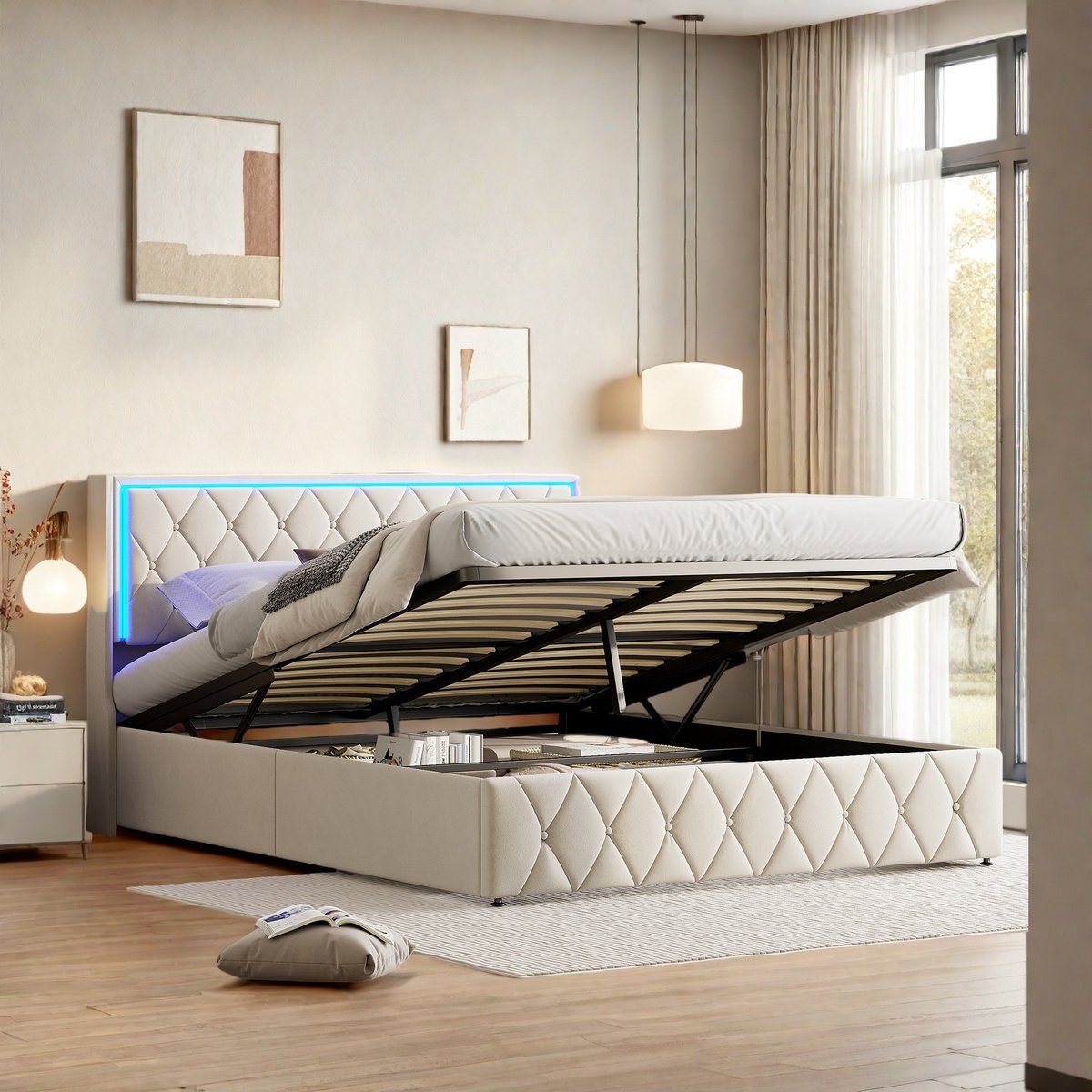 ROSAHQNDA modern gestoffeerd bed met opbergruimte, 160 x 200 cm, led-tweepersoonsbedframe met USB-oplaadpoorten, fluwelen stof, zonder matras, verzonden in 2 pakketten