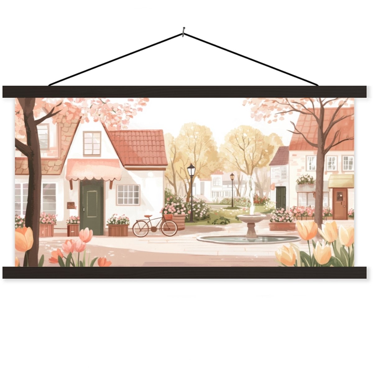 Posterhanger incl. Poster 150x75 cm - Schoolplaat - Dorpsplein - Fontein - Tulpen - Textie
