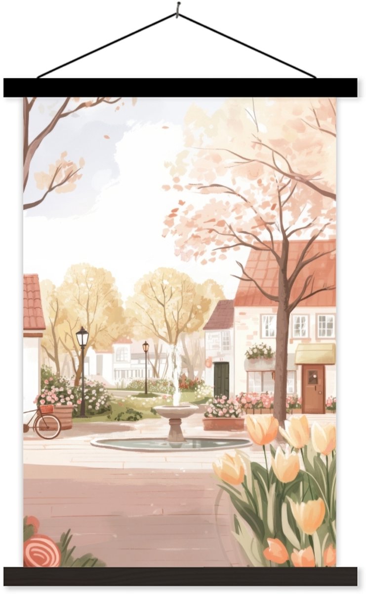 Posterhanger incl. Poster 120x180 cm - Schoolplaat - Dorpsplein - Fontein - Tulpen - Texti