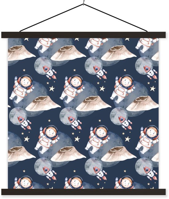 Posterhanger incl. Poster 90x90 cm - Schoolplaat - Astronaut - Raket - Ruimte - Kids - Jongens - Meisjes - Kinderen - Textielposter - Zwarte latten