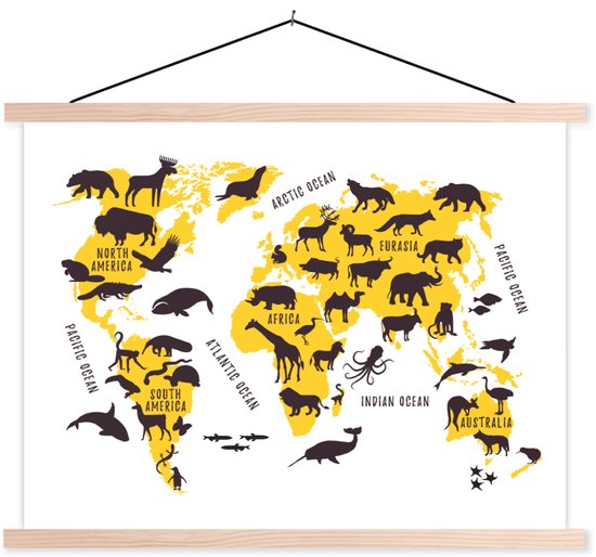 Décoration murale - Carte du Wereldkaart - Animaux - Jaune - Affiche scolaire - 40x30 cm