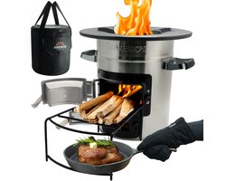 AREBOS Rocket Stove - Camping Kachel - met de Draagtas, Gietijzeren pan en Beschermende Handschoenen