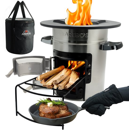 AREBOS Rocket Stove - Camping Kachel - met de Draagtas, Gietijzeren pan en Beschermende Handschoenen