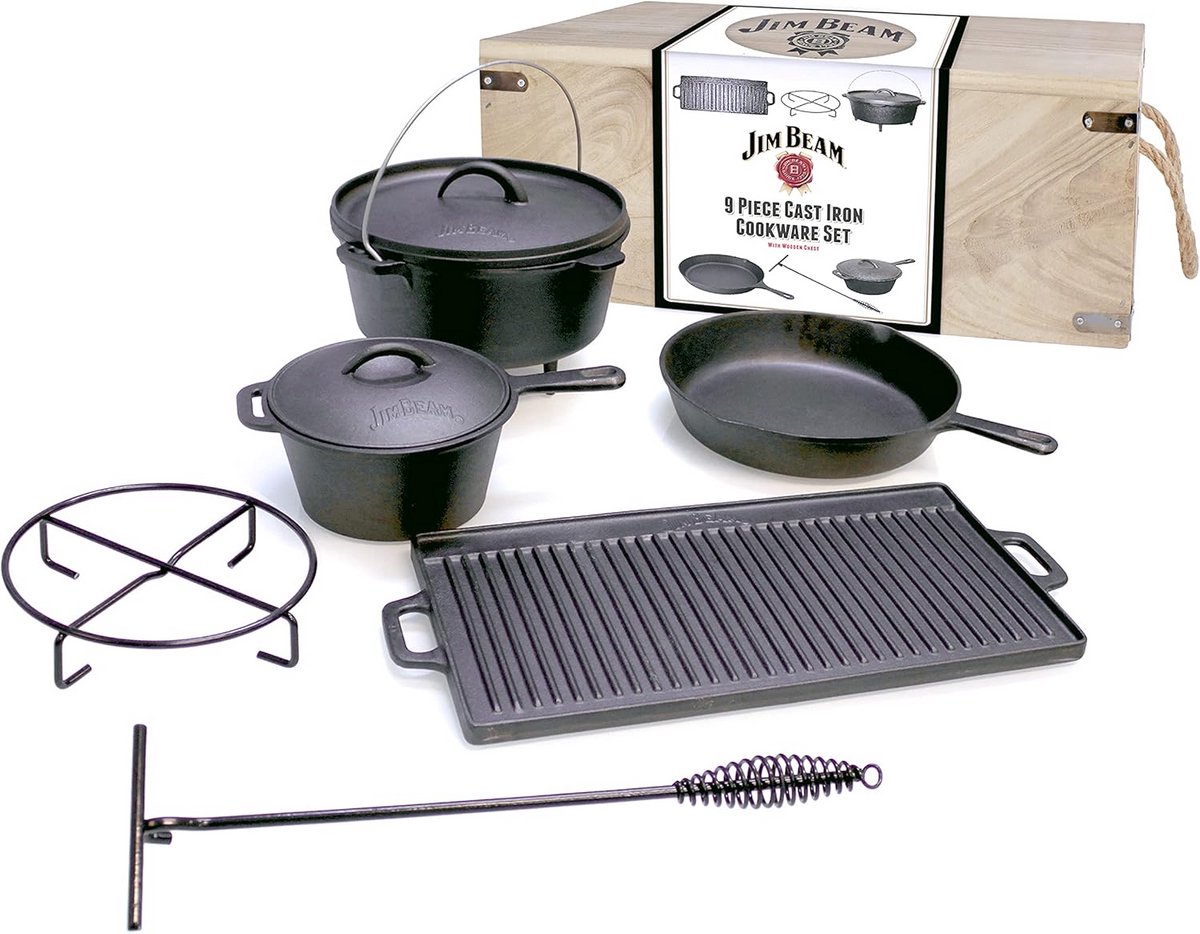Gietijzeren Kookset Dutch Oven 9-delig in Houten Kist