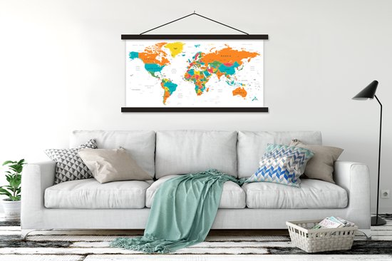 Carte du monde détaillée pour affiche textielposter enfant lamelles noires 150x75 cm - Tirage photo sur plaque scolaire (décoration murale salon / chambre)
