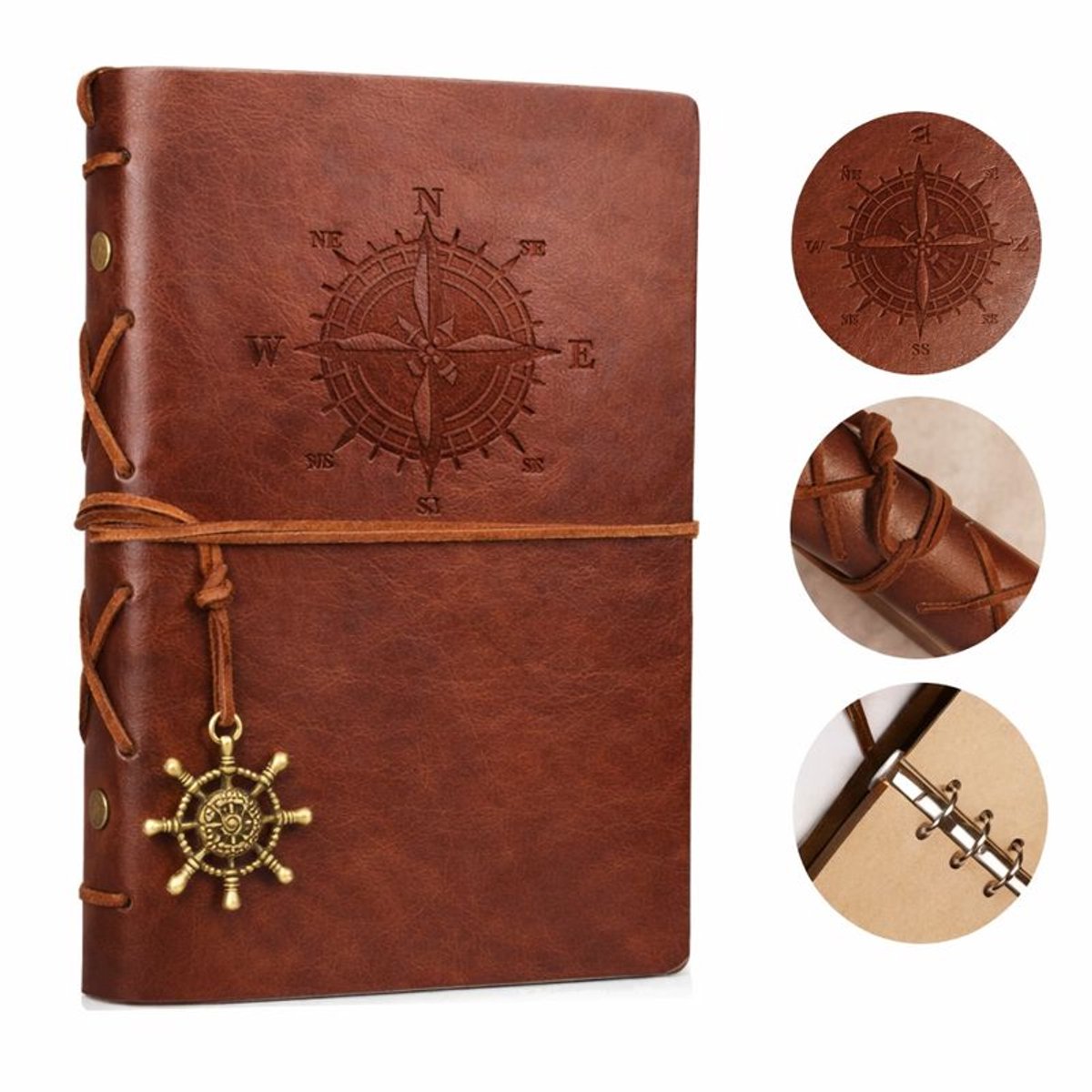 Goodz4All Vintage Lederen Notitieboek met Windroos 15x10CM - Bruin - Journal Schetsboek Notebook - Cadeau idee - Blanco Papier - Travel Journal Reis Dagboek Retro