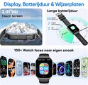 Zwarte smartwatch met 2.01" HD-scherm en diverse wijzerplaten. Lange batterijduur.