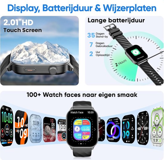 Zwarte smartwatch met 2.01" HD-scherm en diverse wijzerplaten. Lange batterijduur.