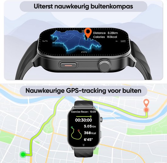 Zwarte smartwatch met buitenkompas en GPS-tracking, toont afstand en calorieën.