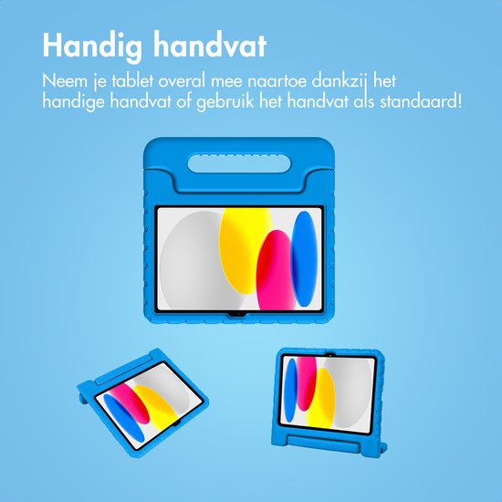 Drie blauwe kinder-tablet hoezen met handvatten, in verschillende posities. "Handig handvat" staat geschreven.