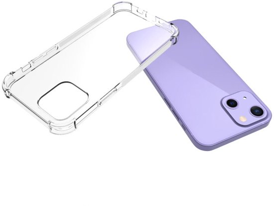Transparante telefoonhoes naast een paarse iPhone 13 Mini.
