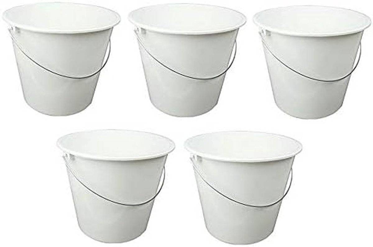 Set van 5 Witte Huishoudelijke Emmer met Metalen Beugel, 5 Liter