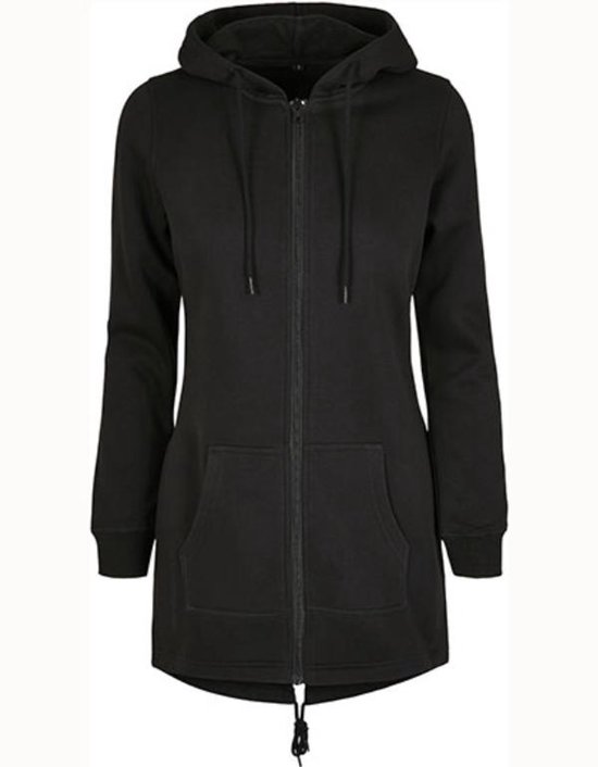 Zwarte damesparka hoodie met rits, capuchon, trekkoord en steekzakken.