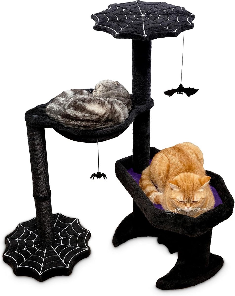 Gotische kattenboom met doodskistbed en hangmat - Spooky Halloween kat benodigdheden in zwart en paars