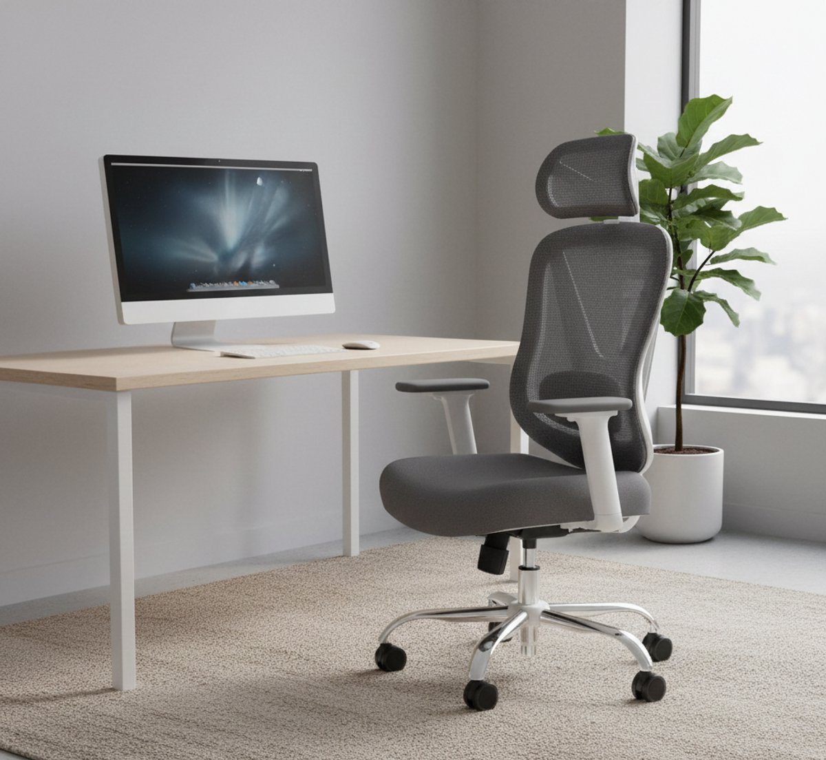 Ergonomische Bureaustoel met 3D Lendensteun, Verstelbare 3D Armleuningen, Hoofdsteun & Kantelstand – Luxe Comfort Mesh Office Chair – Wit – House&Garden